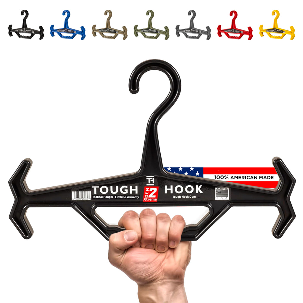 Black hanger held by a hand with 'Tough Hook' branding and color options displayed above.