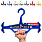 Blue hanger with 'Tough Hook' branding held by a hand, with color options displayed above.