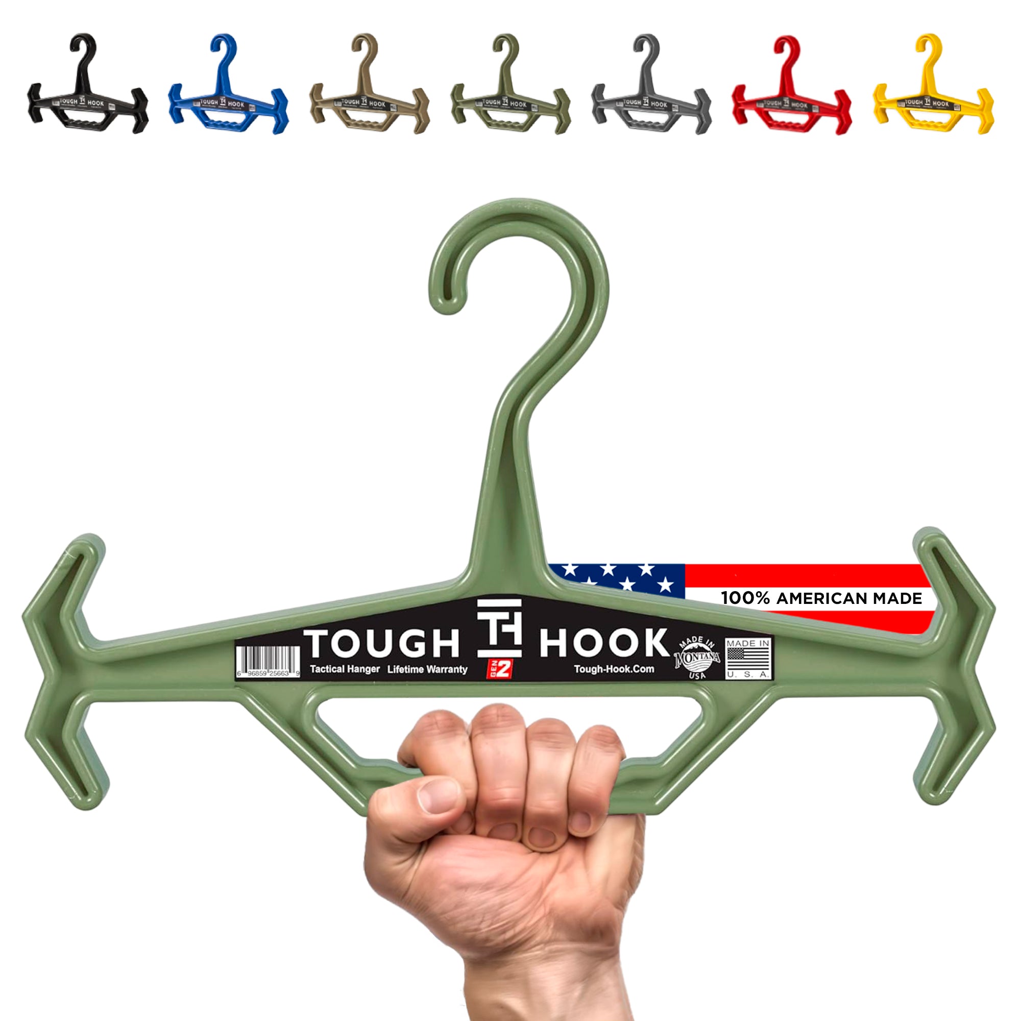Green hanger with 'Tough Hook' branding held by a hand on a white background