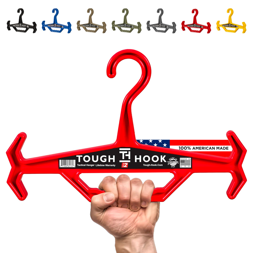 Red 'Tough Hook' with a hand holding it, multiple color options displayed above.
