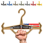 Gold hanger with 'Tough Hook' branding held by a hand, with color options displayed above.