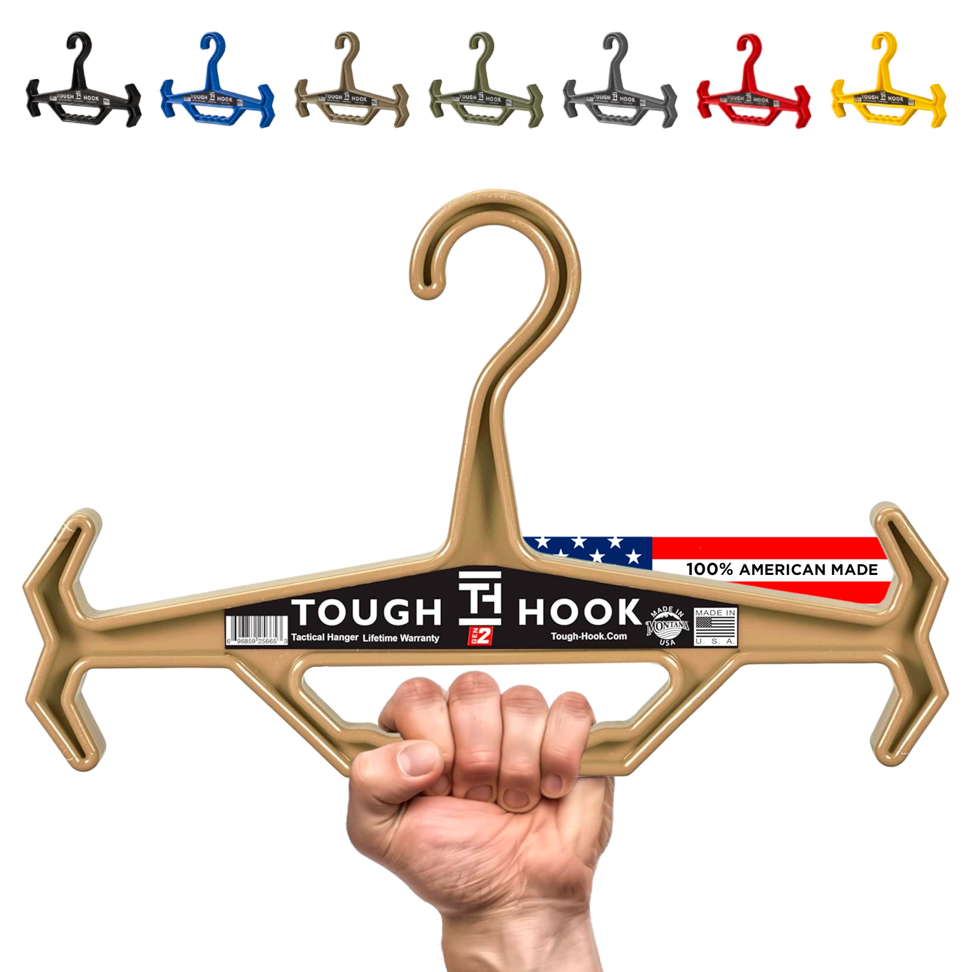 Gold hanger with 'Tough Hook' branding held by a hand, with color options displayed above.