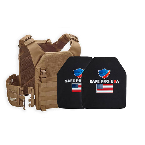 Tan tactical vest with two black plates featuring 'Safe Pro USA' logo on a white background