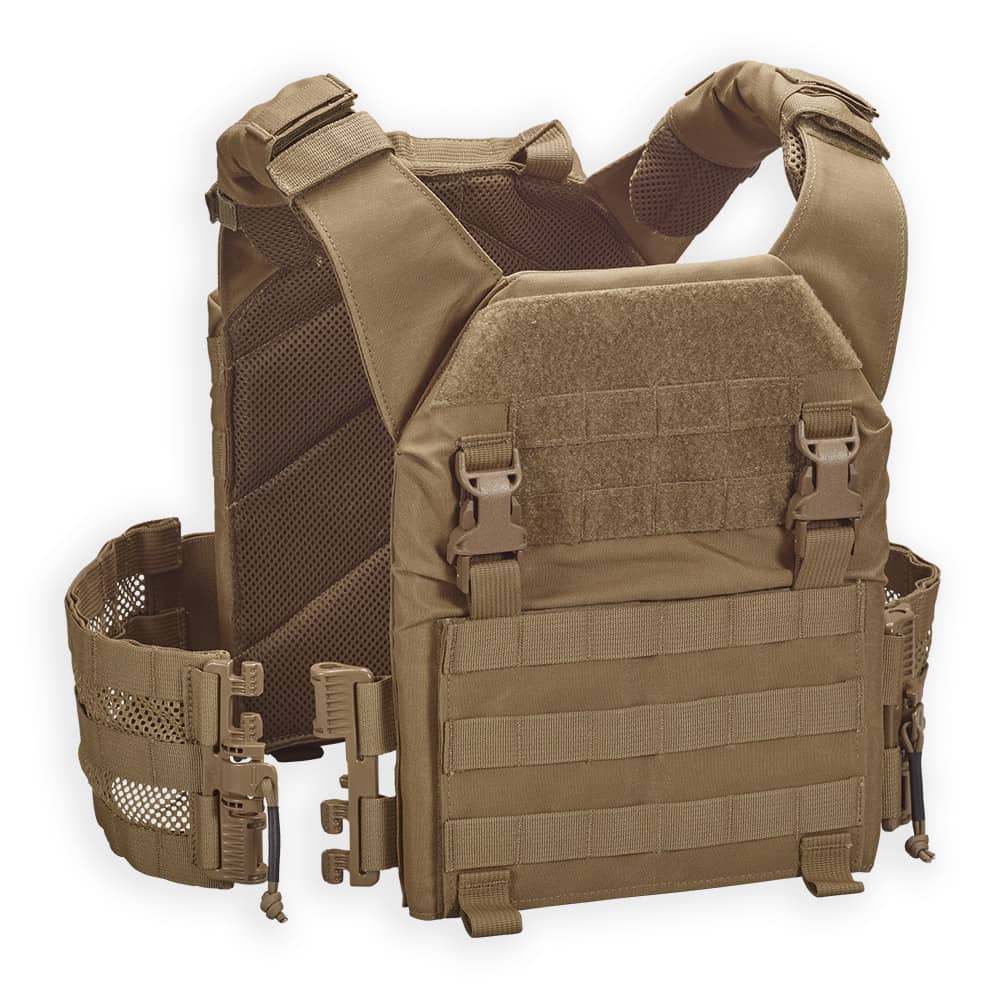 Coyote Tan Lightweight Operational Plate Carrier (LOPC) from Chase Tactical with multiple straps and mesh pockets on a white background