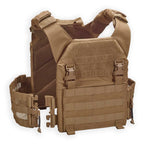 Coyote Tan Lightweight Operational Plate Carrier (LOPC) from Chase Tactical with multiple straps and mesh pockets on a white background