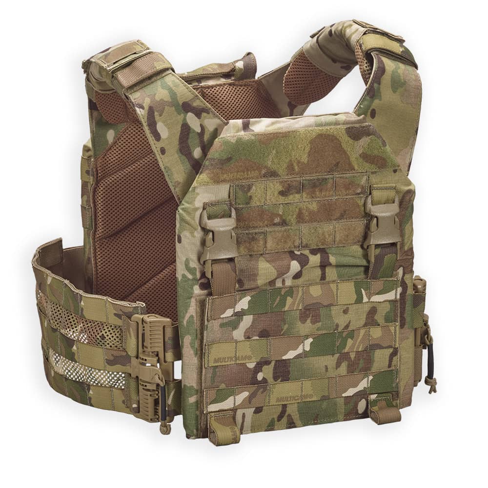 Multicam camouflage Lightweight Operational Plate Carrier (LOPC) from Chase Tactical on a white background