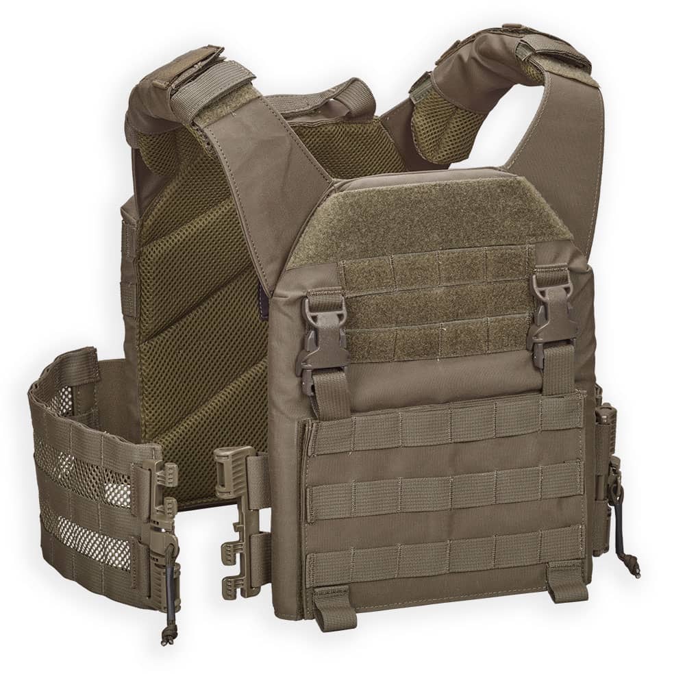 Ranger Green Lightweight Operational Plate Carrier (LOPC) from Chase Tactical with multiple straps and pouches on a white background