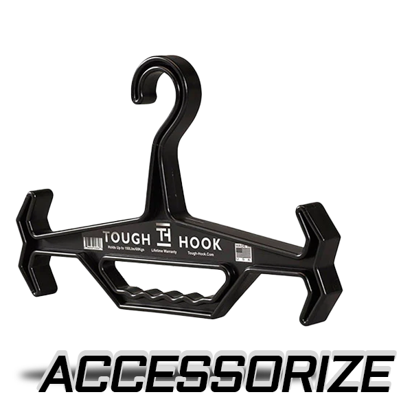 Black hanger with 'Tough Hook' branding on a white background, featuring the word 'Accessorize'.