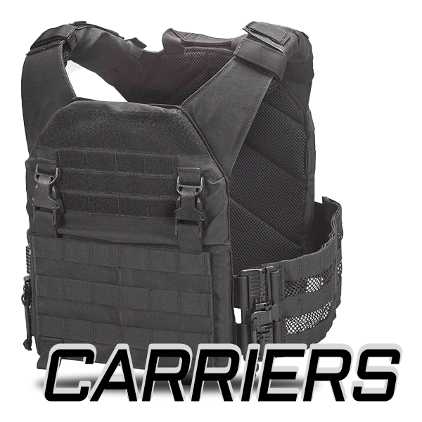 Black tactical vest with 'CARRIERS' text on a white background