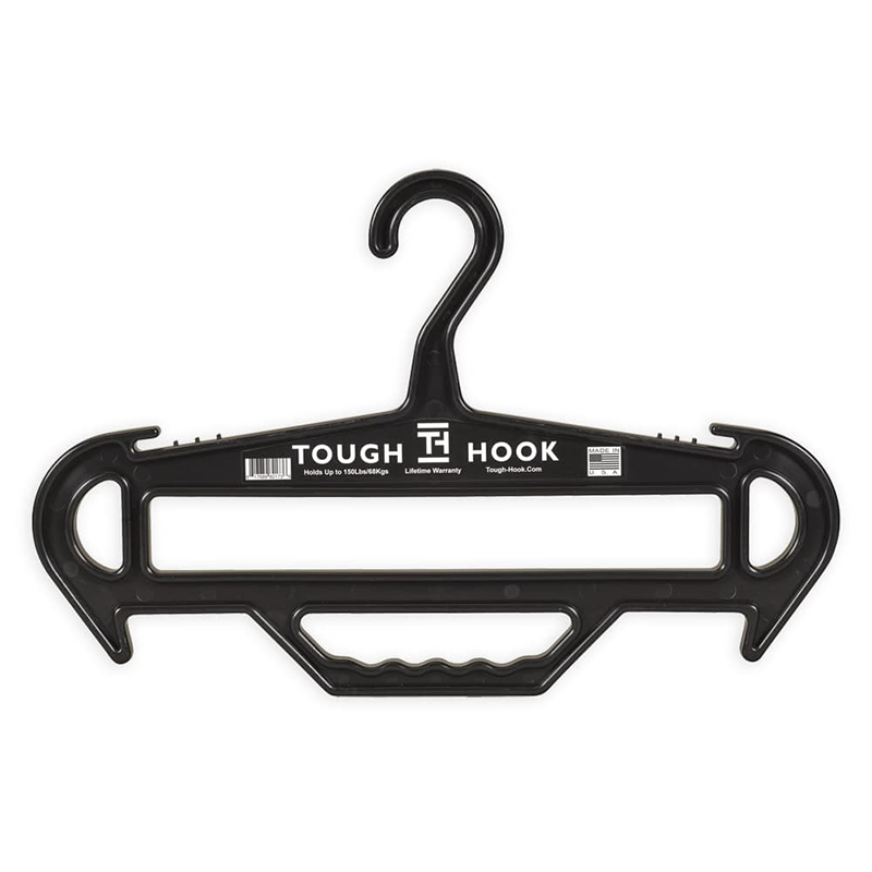 Black hanger with 'Tough Hook' branding on a white background