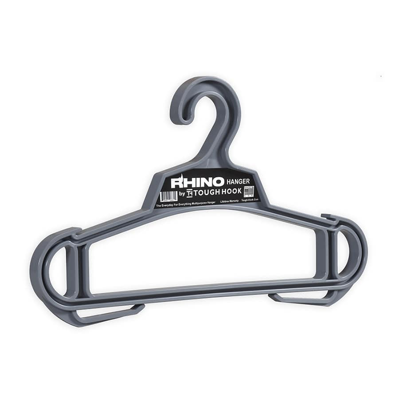 Gray hanger with 'Rhino Hanger' label on a white background